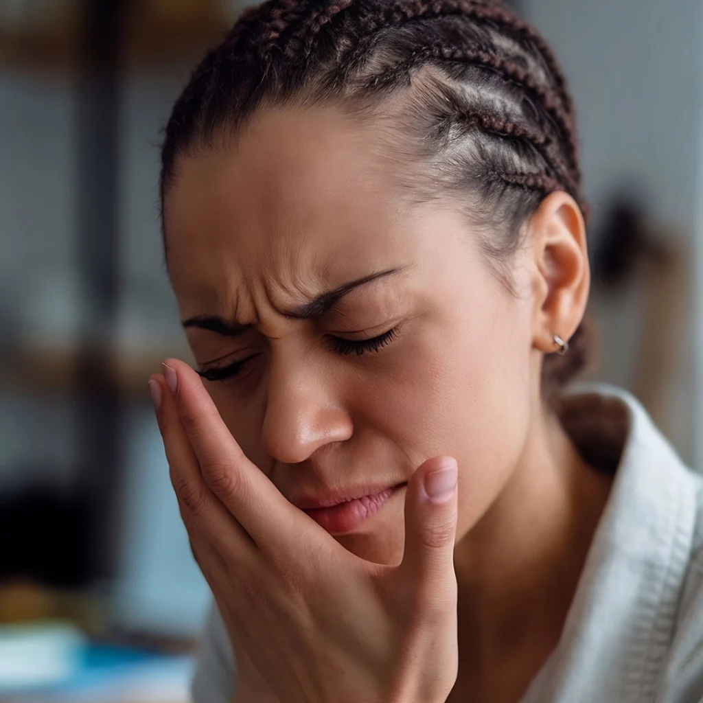 A person resting their hand against the side of their face with braided hair visible in a close‑up indoor setting.